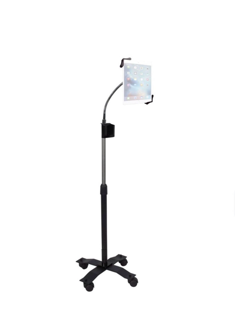 Adjustable Wheeled Black Tablet Stand with Flexible Gooseneck